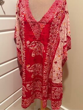 Pearl Red & White Elephant Print w/Silver Beads Kimono/Beach Cover-Up
